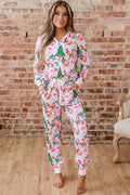 Pink Christmas Pattern Button V Neck Pullover Drawstring Pants 2pcs Lounge Set