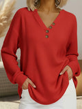 Full Size Casual Waffle Knit V-Neck Long Sleeve T-Shirt Plus Size