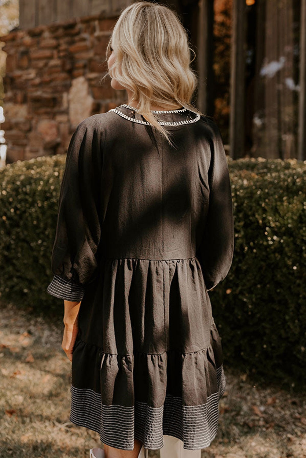 Black Contrast Stitched V Neck 3/4 Sleeve Tiered Mini Dress