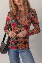 Multicolour Floral Print Lettuce Trim Long Sleeve Mesh Top