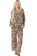 Dearlove Women's Khaki Leopard Print Colorblock Pajama Set - Long Sleeve Shirt & Pants for Cozy Lounging