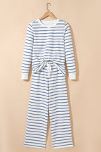 Sail Blue Striped Long Sleeve Top Drawstring Wide Leg Pants 2pcs Outfit