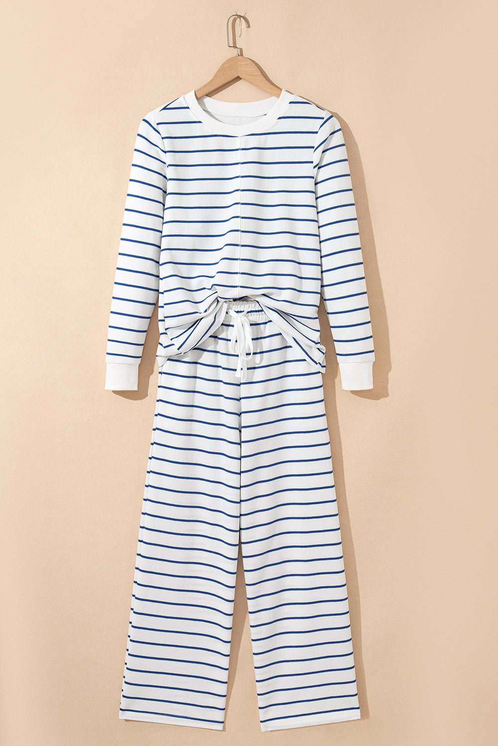 Sail Blue Striped Long Sleeve Top Drawstring Wide Leg Pants 2pcs Outfit