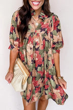 Green Floral Print Frilled Collar V Neck Half Sleeve Mini Dress