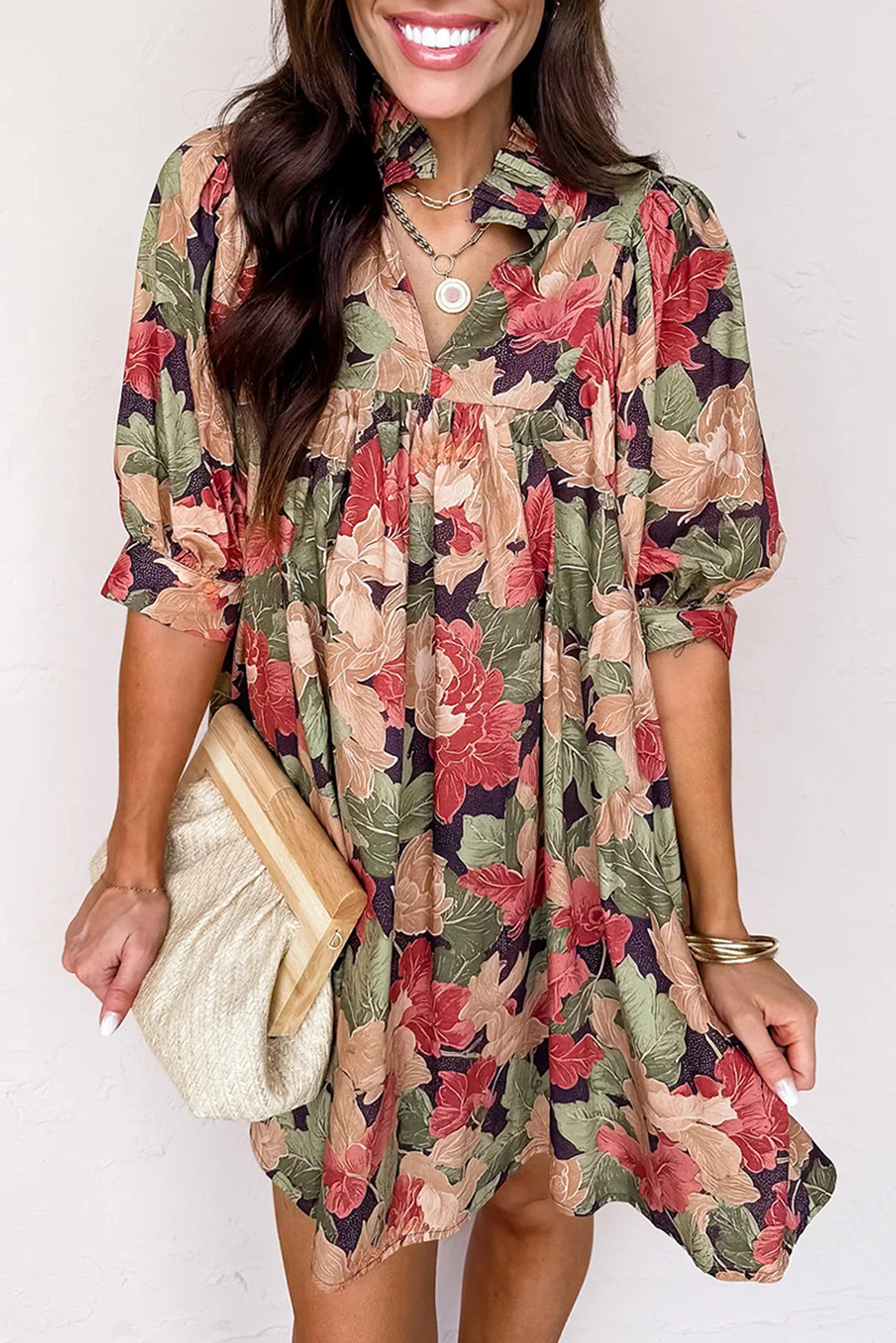 Green Floral Print Frilled Collar V Neck Half Sleeve Mini Dress