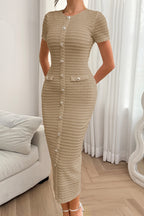 Smoke Gray Button Decor Fake Pocket Short Sleeve Textured Knit Bodycon Midi Dress