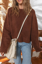 Coffee Solid Color Ribbed Trim Loose Sweater