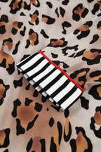 Khaki Leopard Print Colorblock Striped Edge Shirt and Pants Pajama Set