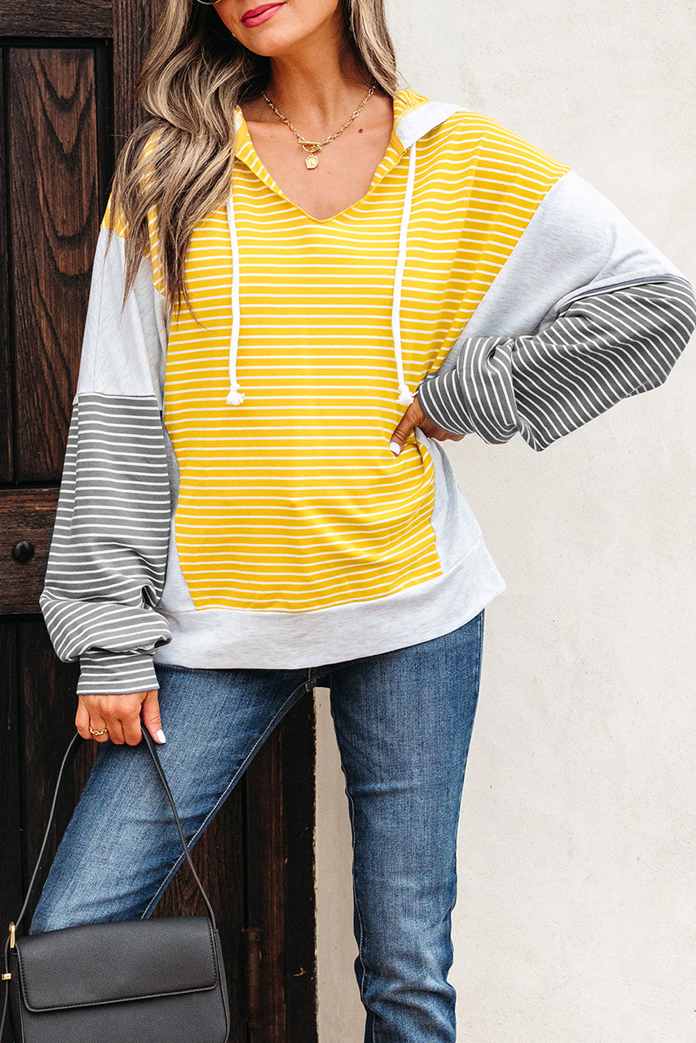Yellow Stripe Color Block Drawstring V Neck Loose Fit Hooded Top