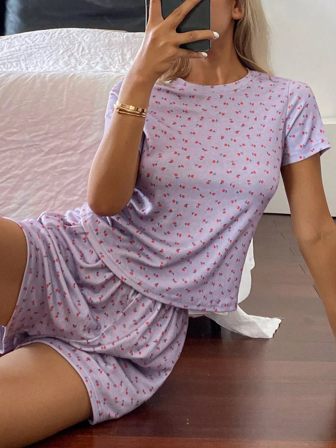 Floral Round Neck Top And Shorts Lounge Set