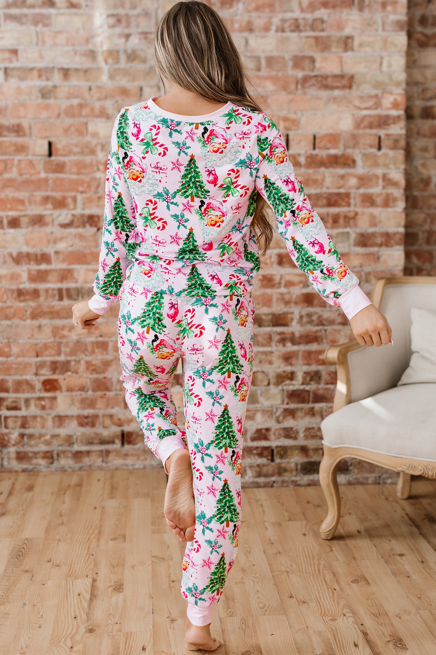 Festive Pink Christmas Pattern V-Neck Pullover & Drawstring Pants 2-Piece Lounge Set