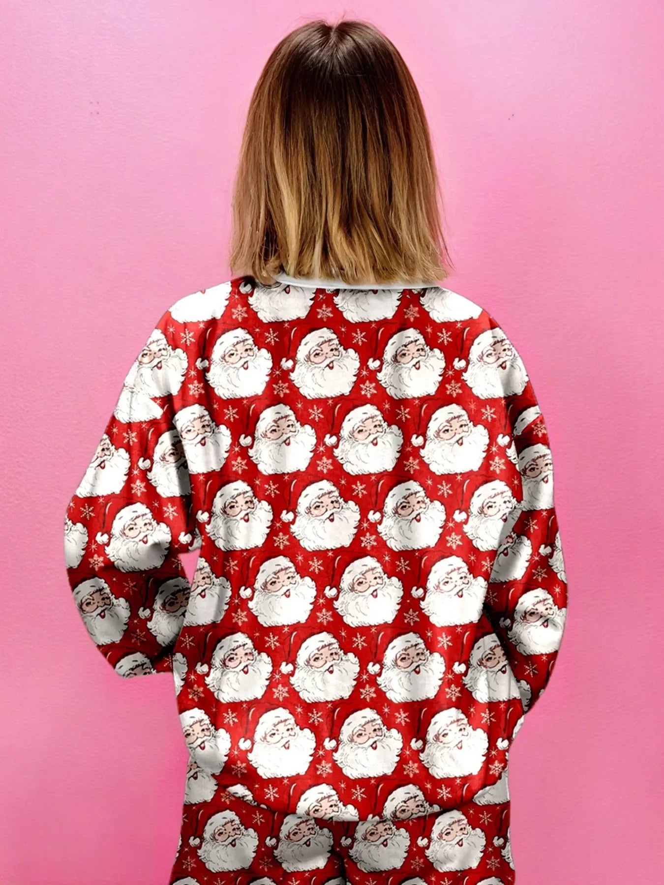 Christmas Santa Print Round Neck Top and Shorts Lounge Set