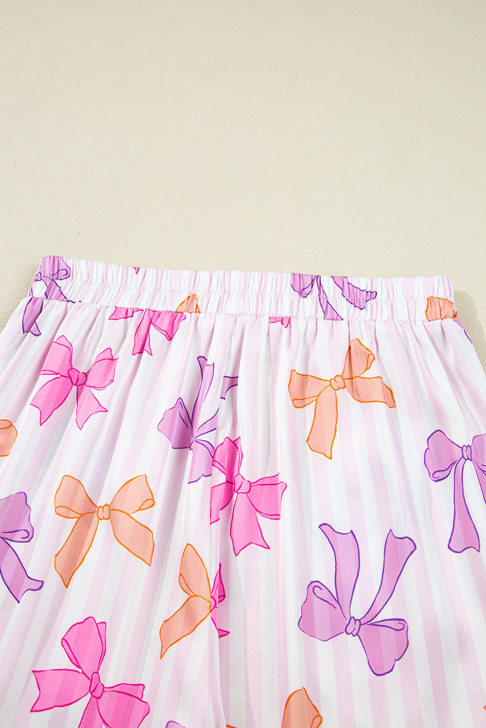 Pink Striped Bow Print Contrast Piping Trim Shirt and Pants 2pcs Pajama Set