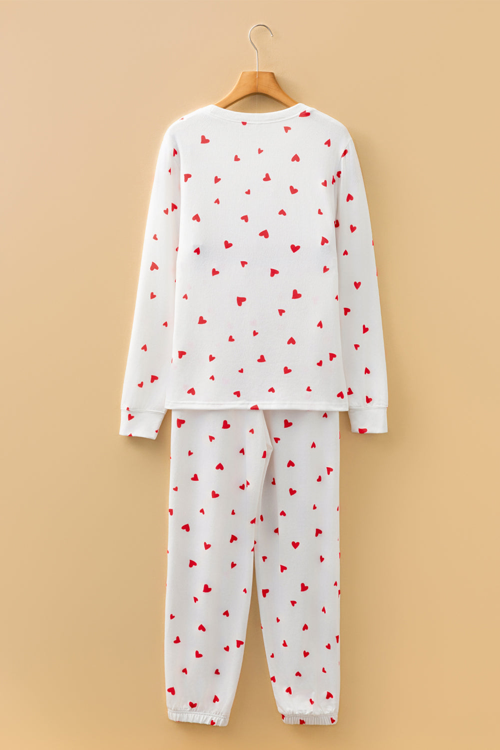 Fiery Red Tiny Hearts Print Long Sleeve Top & Drawstring Lounge Pants Set - Cozy & Breathable