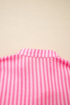 Pink Stripe Flare Sleeve Half Placket Tiered Flowy Mini Dress