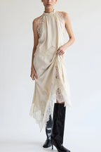 Elegant Lace Pleated Collar Sleeveless Top with Irregular Slit Satin Skirt Set - Perfect for Parties and Vacations