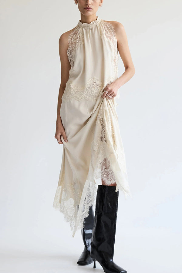 Elegant Lace Pleated Collar Sleeveless Top with Irregular Slit Satin Skirt Set - Perfect for Parties and Vacations