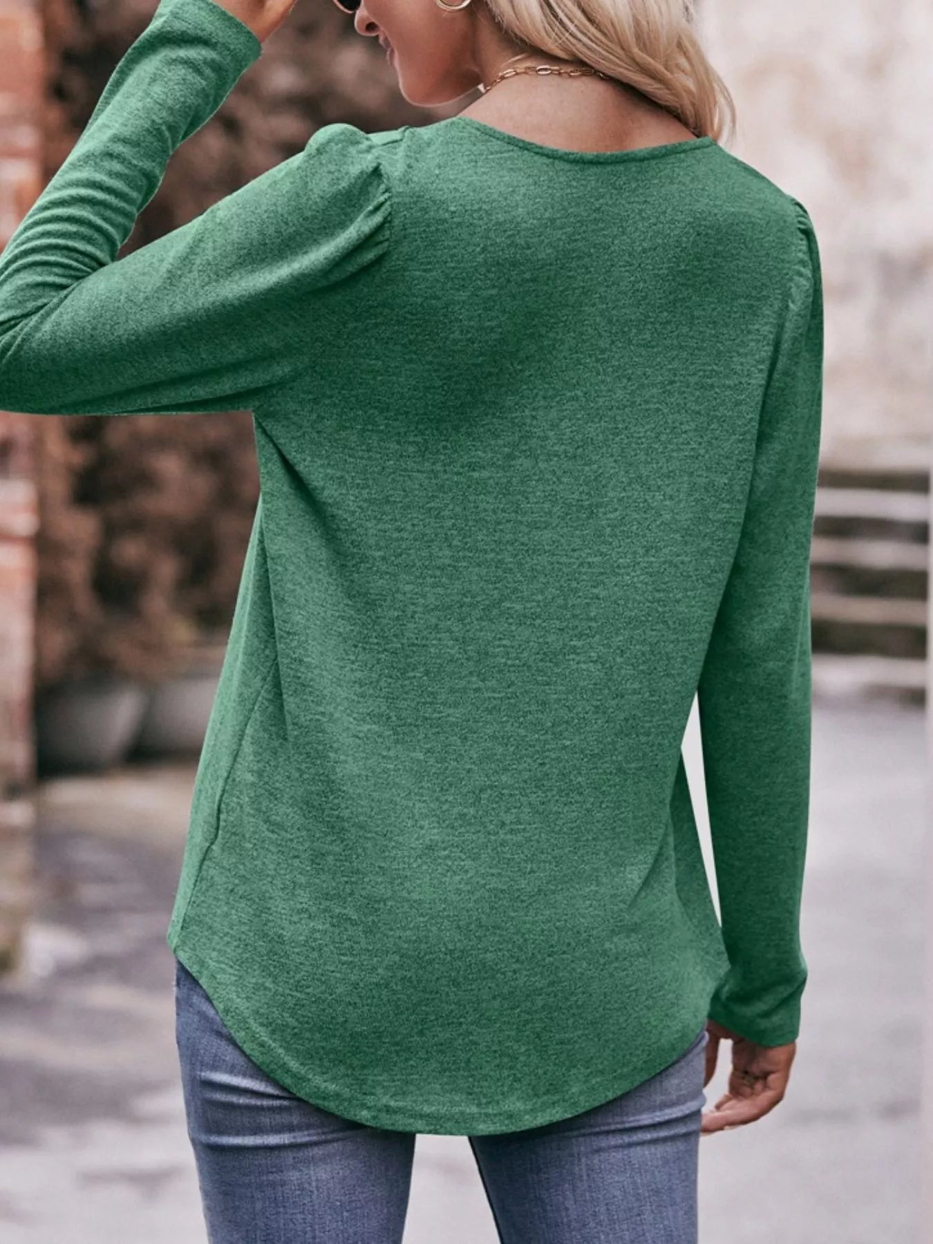 Pleated Square Neck Long Sleeve T-Shirt