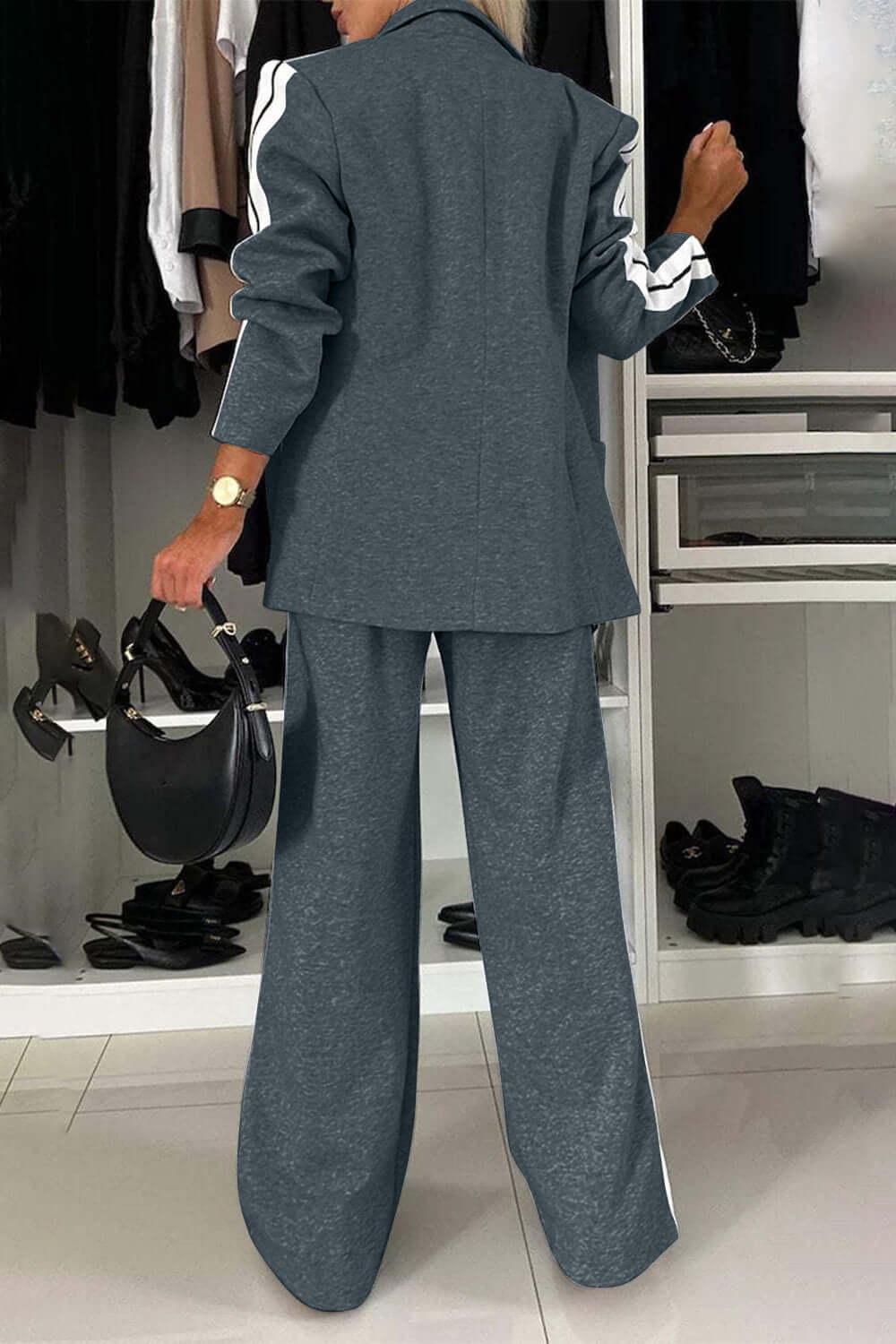 Chic Contrast Lapel Collar Buttoned Top and Pocketed Pants Two-Piece Set - 100% Polyester