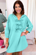 Moonlight Jade Bow Front Bracelet Sleeve Collared Side Pocket Shift Mini Dress