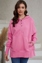 Pink Batwing Sleeve Pocketed Henley Hoodie