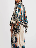 Elegant Floral Print Batwing Sleeve Shirt and Pants Set - Luxurious Satin Loungewear
