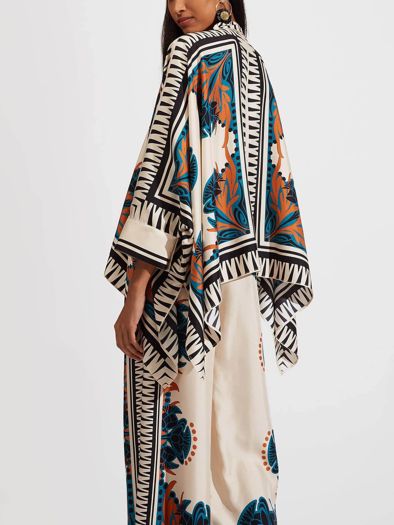 Elegant Floral Print Batwing Sleeve Shirt and Pants Set - Luxurious Satin Loungewear
