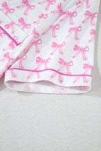 Cute Pink Bowknot Printed Short Sleeve Pajama Set with Ruffled Shorts