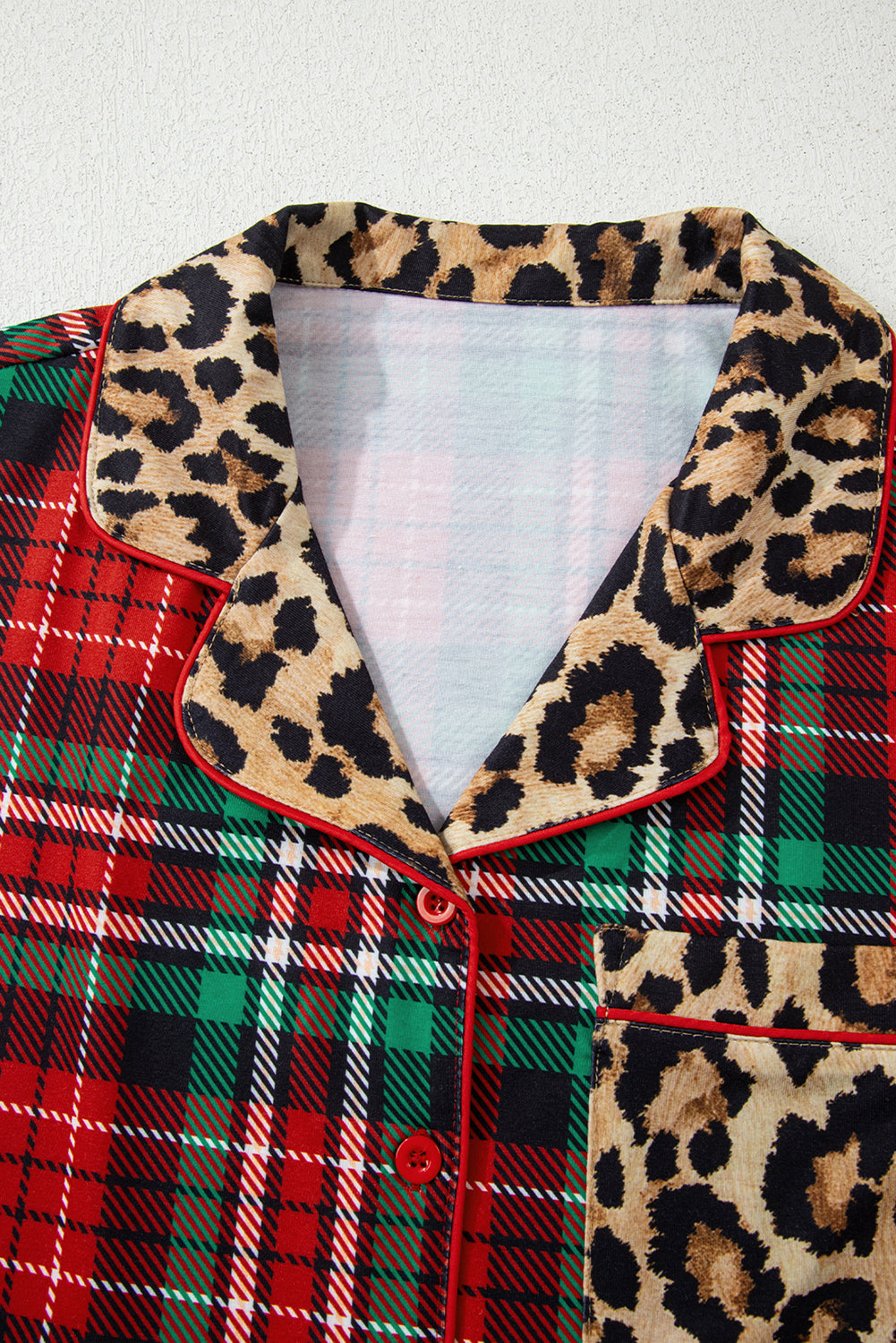 Racing Red Retro Plaid & Leopard Print Patchwork Long Sleeve Pajama Set with Shorts