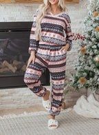 Black Retro Christmas Pattern Loose Pullover 2pcs Lounge Pant Set