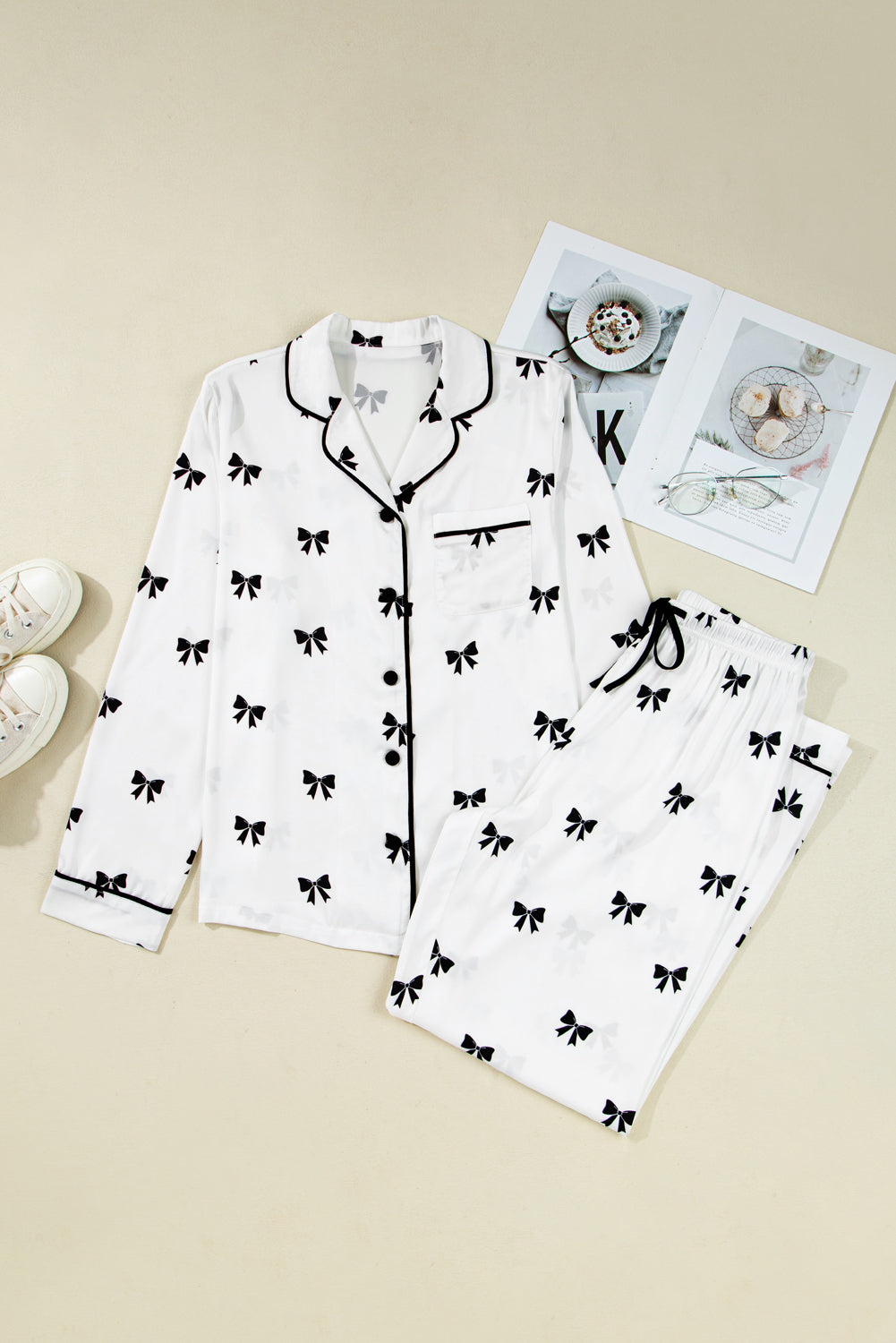 Elegant White Bows Print Two-Piece Sleepwear Set - Long Sleeve Collar Top & High Waist Pants