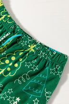 Festive Green Christmas Tree Print V-Neck Tee and Cozy Pants Lounge Set for Holidays