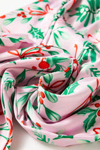 Luxurious Pink Christmas Berries Plant Print Satin Long Sleeve Pajama Set for Ultimate Comfort
