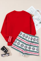 Fiery Red Snowflake Print Long Sleeve Wide Leg Lounge Set for Women - Festive Holiday Sleepwear