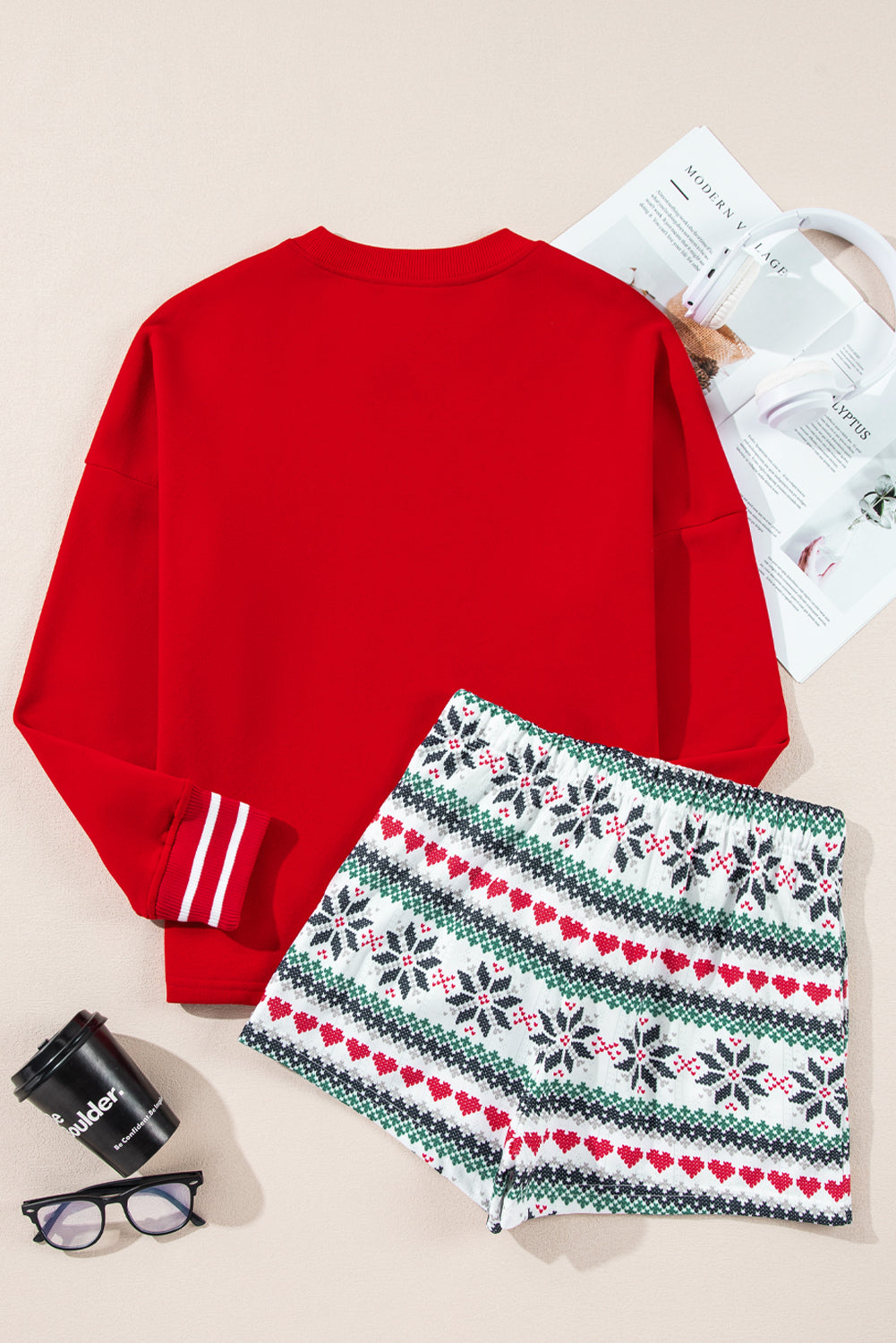 Fiery Red Snowflake Print Long Sleeve Wide Leg Lounge Set for Women - Festive Holiday Sleepwear