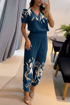 Women's Casual V-Neck Printed Short Sleeve Long Pants Two-Piece Set - Comfortable & Stylish Loungewear
