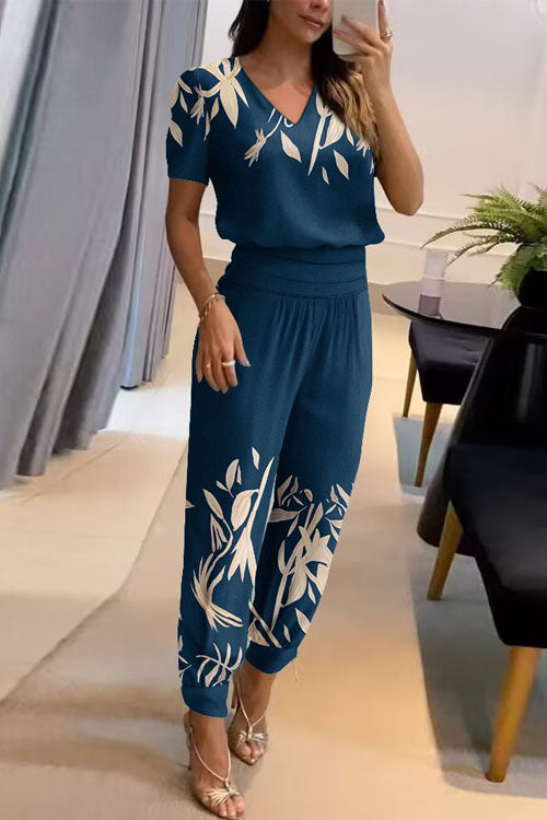 Women's Casual V-Neck Printed Short Sleeve Long Pants Two-Piece Set - Comfortable & Stylish Loungewear