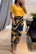 Women's Casual V-Neck Printed Short Sleeve Long Pants Two-Piece Set - Comfortable & Stylish Loungewear