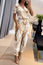 Women's Casual V-Neck Printed Short Sleeve Long Pants Two-Piece Set - Comfortable & Stylish Loungewear