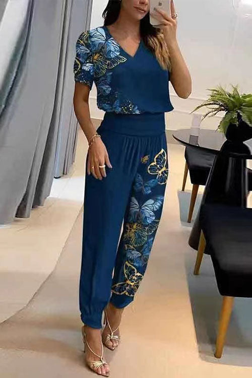 Women's Casual V-Neck Printed Short Sleeve Long Pants Two-Piece Set - Comfortable & Stylish Loungewear