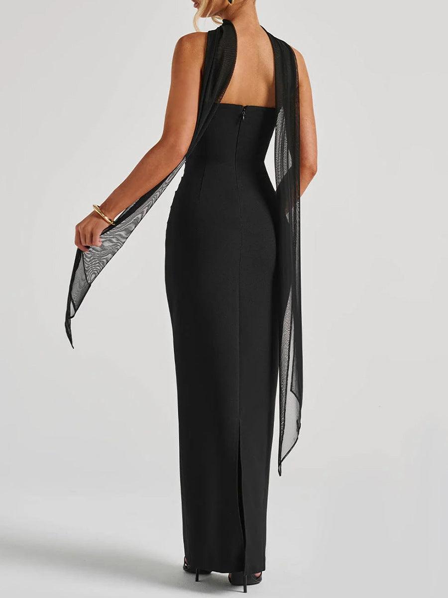 Yulia Black Waist-Tucked Elegant Maxi Dress with Removable Mesh Neck Panel and Scarf