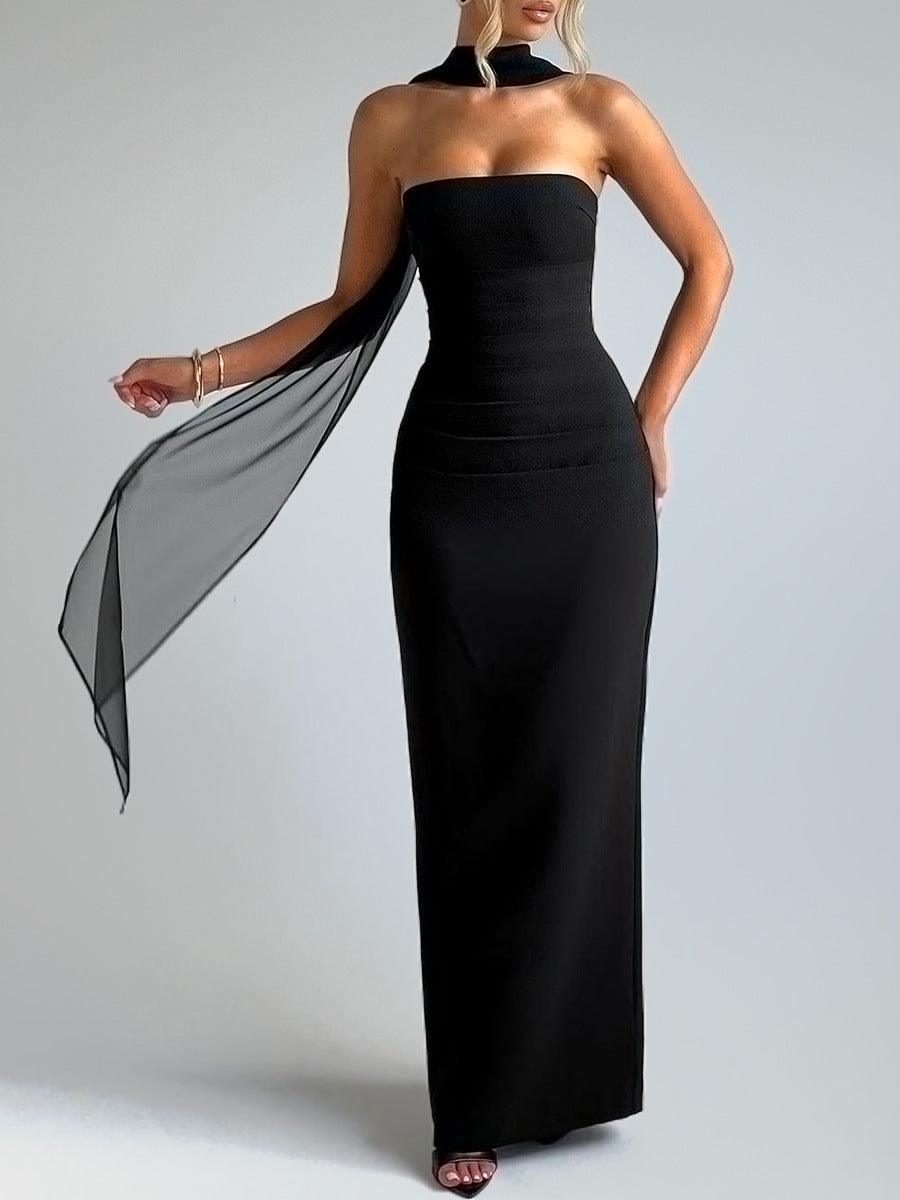 Yulia Black Waist-Tucked Elegant Maxi Dress with Removable Mesh Neck Panel and Scarf