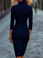 Refined Black Belted Sheath Dress with Mandarin Collar