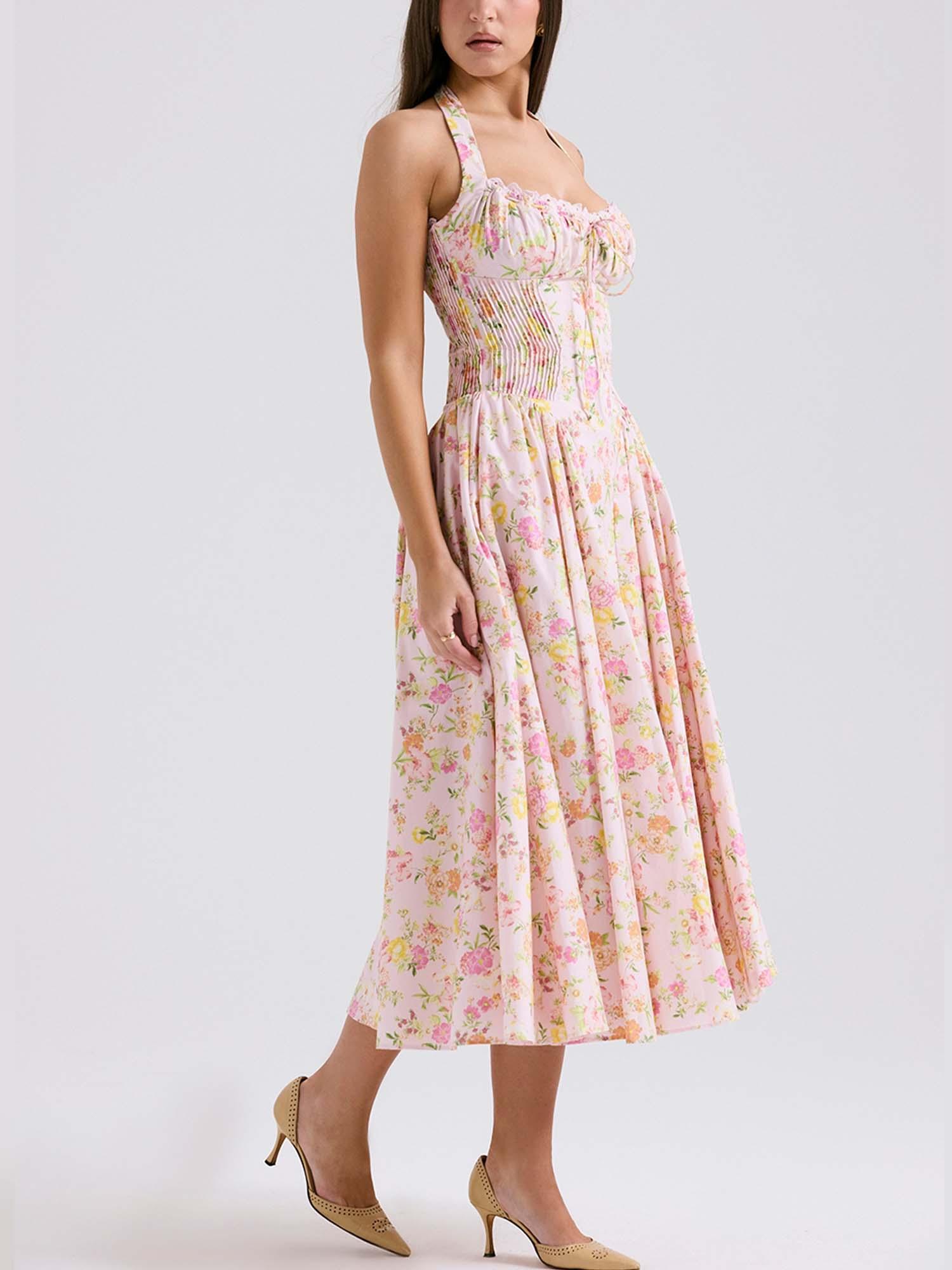 Romantic Floral Print Corset Midi Dress - Vintage Lace-Up Style