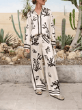 Chic Satin Casual Two Piece Set - Loose Fit, Collared Long Sleeve Top & High Rise Pants