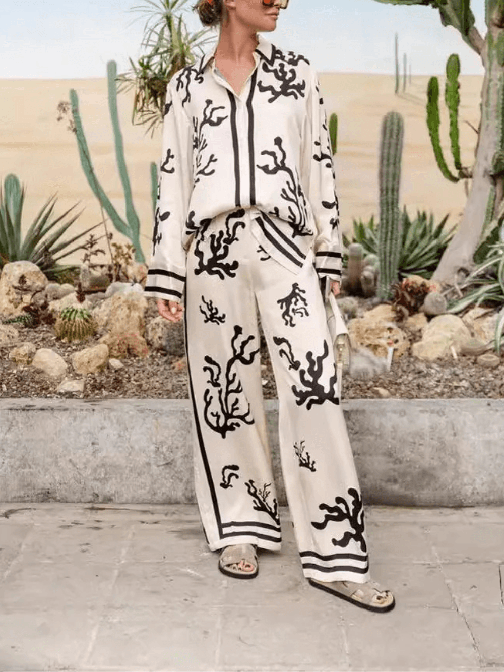 Chic Satin Casual Two Piece Set - Loose Fit, Collared Long Sleeve Top & High Rise Pants