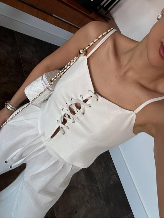 Linen Blend Camisole Two-Piece Set with Tie Front Detail - Casual & Loose Fit
