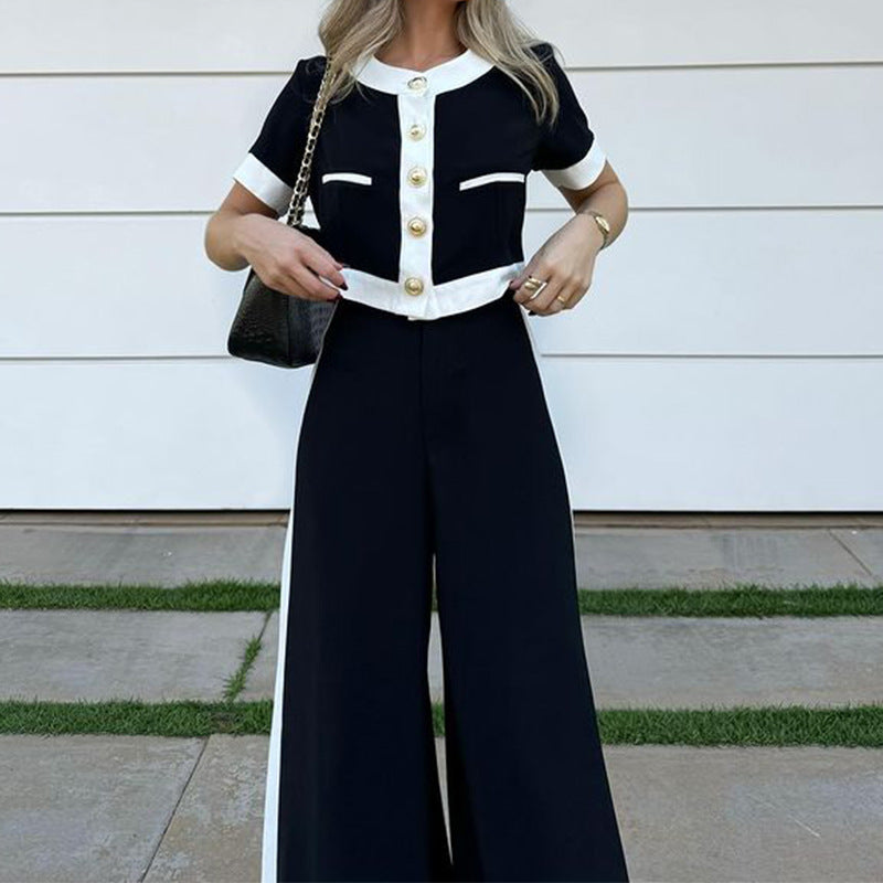 Chic Casual Short Top & Straight-Leg Pants Two-Piece Set for Daily Wear and Outings