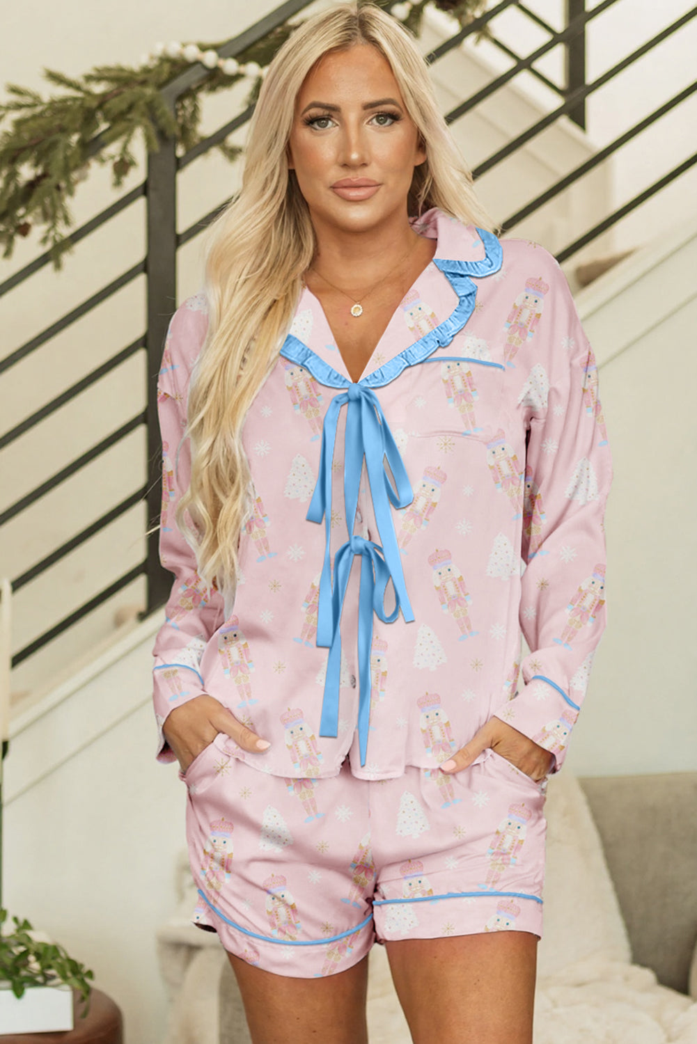 Festive Pink Nutcracker Long Sleeve Pajama Set with Bow Tie Detail