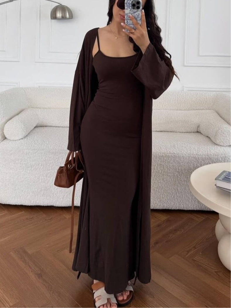Elegant Sleeveless Suspender Hip Dress with Long Cardigan Set - Casual & Celebrity Style